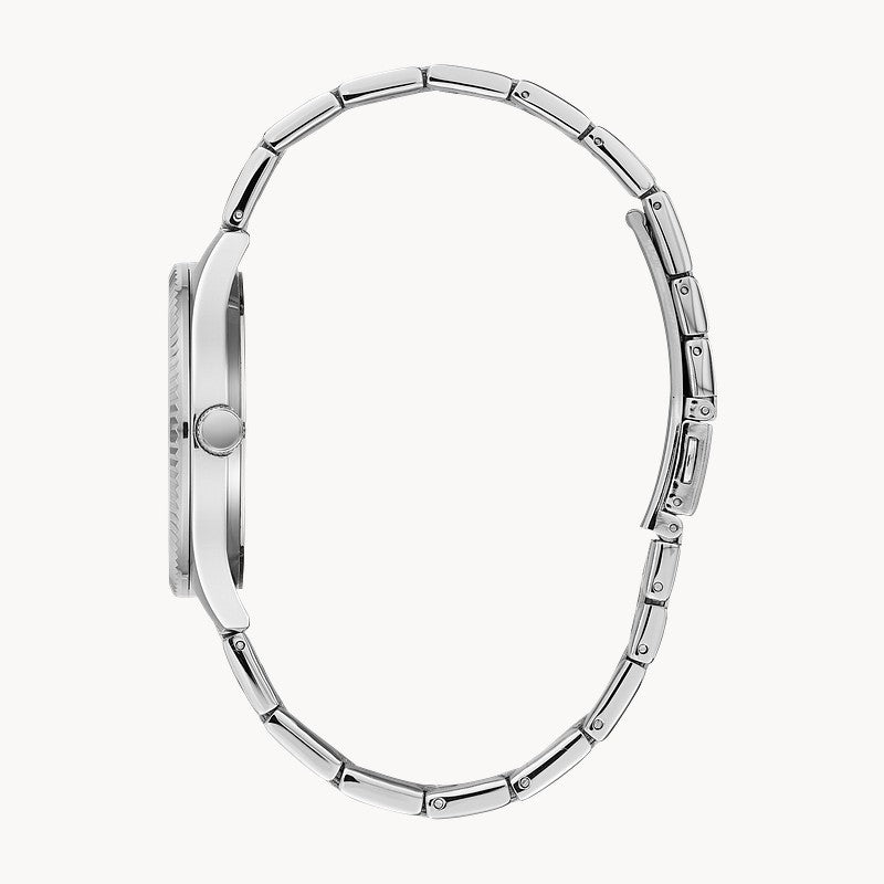 Caravelle Dress men's silver-tone stainless steel blue dial bracelet watch 43B151 angle view