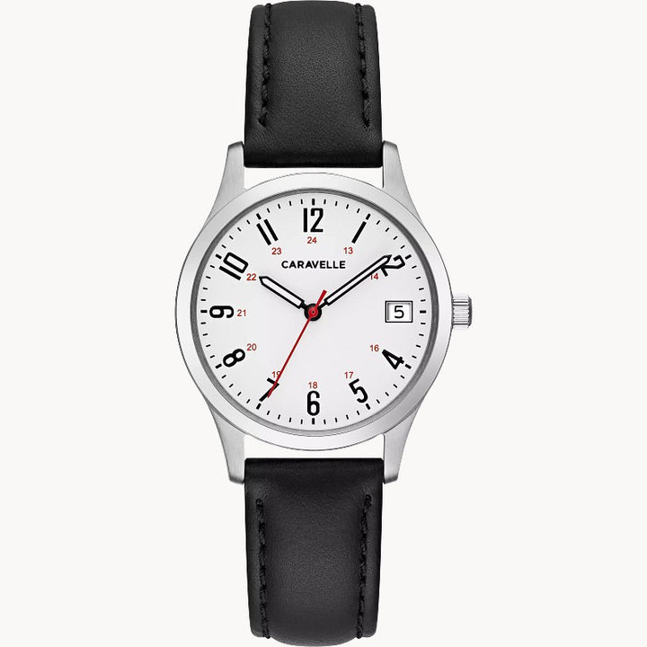 Caravelle Traditional women's silver-tone leather strap dress watch 43M118 front view
