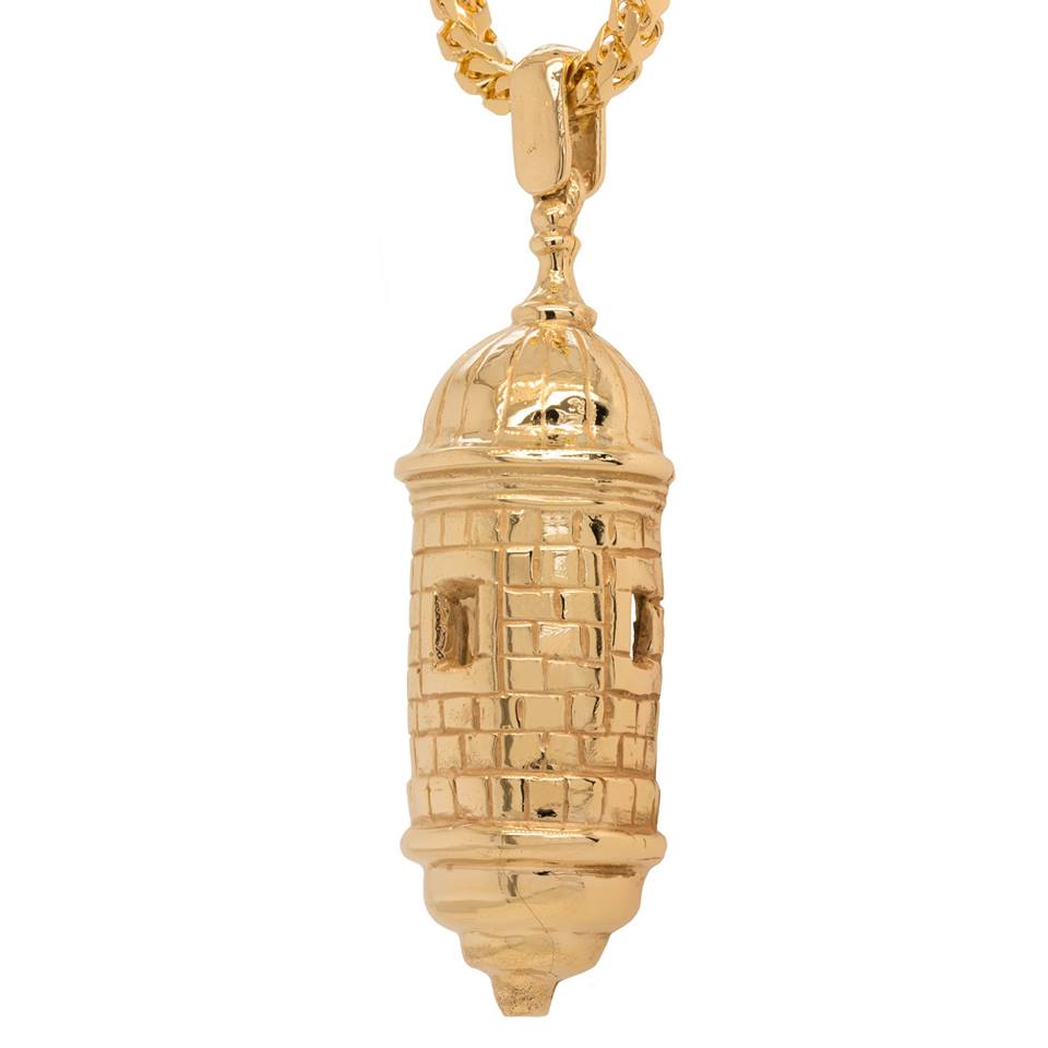 14kt yellow gold Castillo San Felipe El Morro pendant angled view fresh from casting at AJ's Jewelry Queens NY