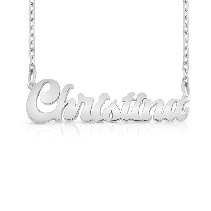 A silver personalized name necklace spelling 'Christina' in cursive script, suspended from a delicate silver chain against a white background.  This photo can change appearance depending on the name input using the custom name builder