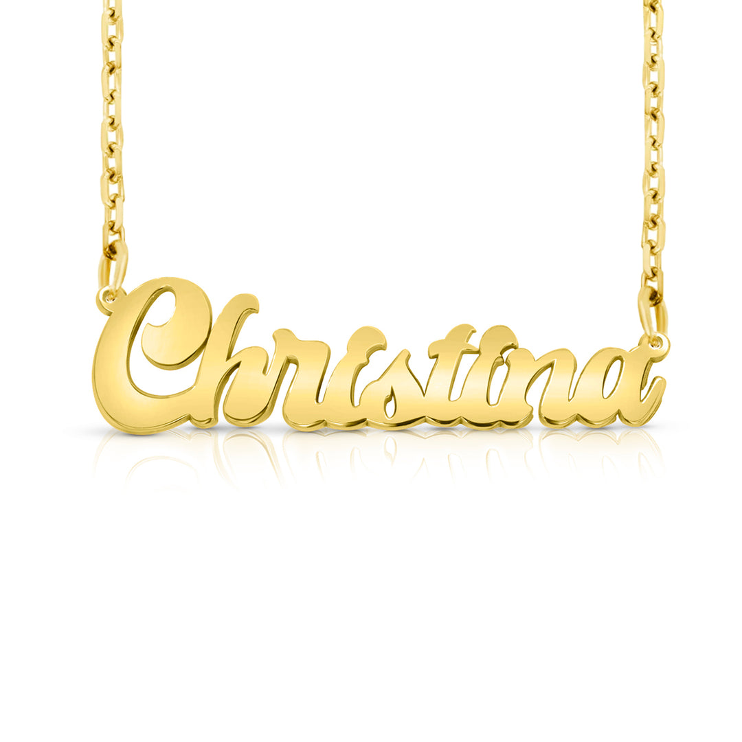 A gold nameplate necklace spelling 'Christina' in cursive script, suspended from a delicate gold chain against a clean white background. This photo can change appearance depending on the name input using the custom name builder