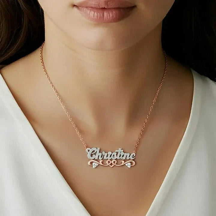 Model wearing the 14 Karat Solid Gold Name Necklace with Hearts in 14K rose gold personalized with the name Christine | AJ's Jewelry