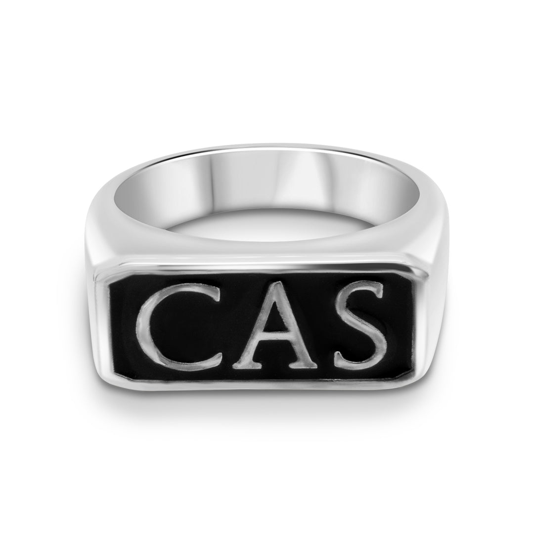 Finished sterling silver Cigarettes After Sex CAS signet ring with raised lettering and black enamel, front view — AJ's Jewelry Queens NY