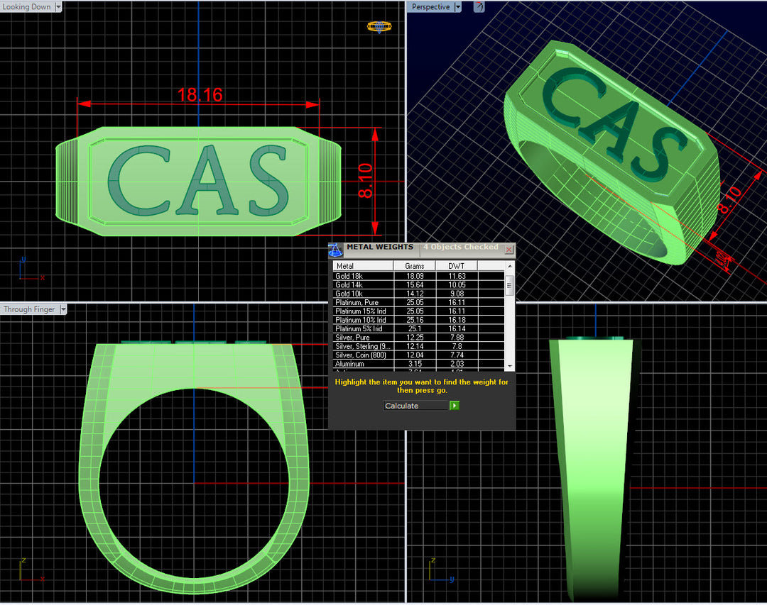 CAD design specifications and dimensions for the Cigarettes After Sex CAS signet ring raised lettering face — AJ's Jewelry Queens NY