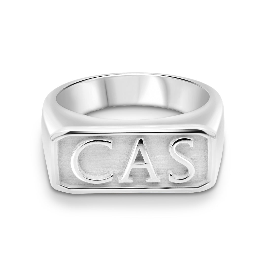 Sterling silver Cigarettes After Sex CAS signet ring with raised CAS lettering before enamel, front view — AJ's Jewelry Queens NY