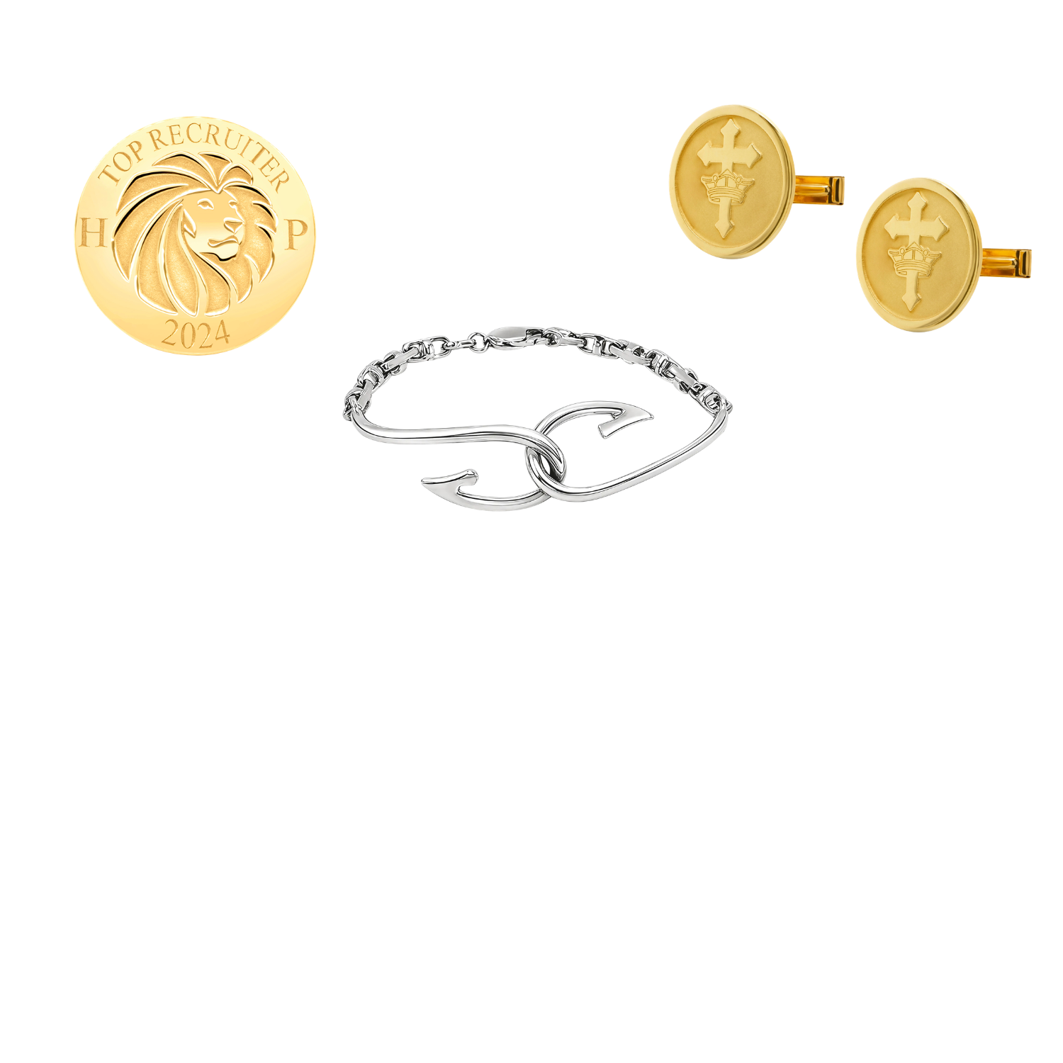 A image showing some of the custom bracelets and accessories done by AJ's Jewelry, including a corporate lapel pin, fish hook bracelet, and gold plated cufflinks on a white background