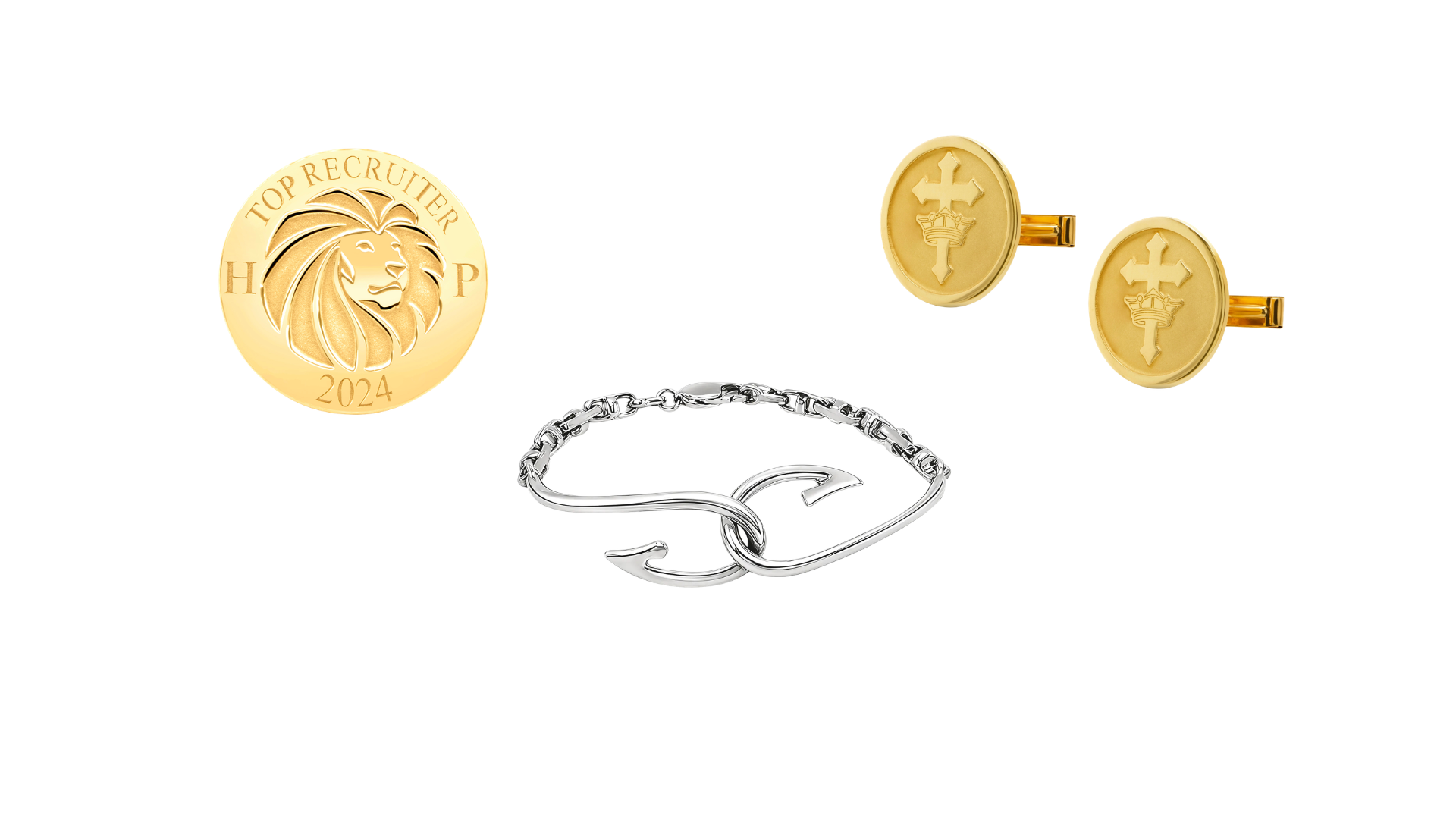 A image showing some of the custom bracelets and accessories done by AJ's Jewelry, including a corporate lapel pin, fish hook bracelet, and gold plated cufflinks on a white background