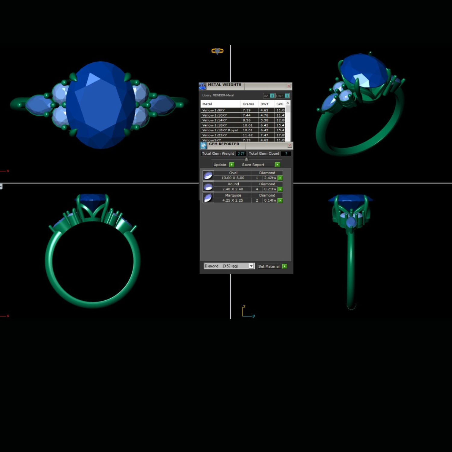 A 3D rendering of a ring with a large oval center stone and smaller accent stones, shown from multiple angles on a black background with a central software interface panel.