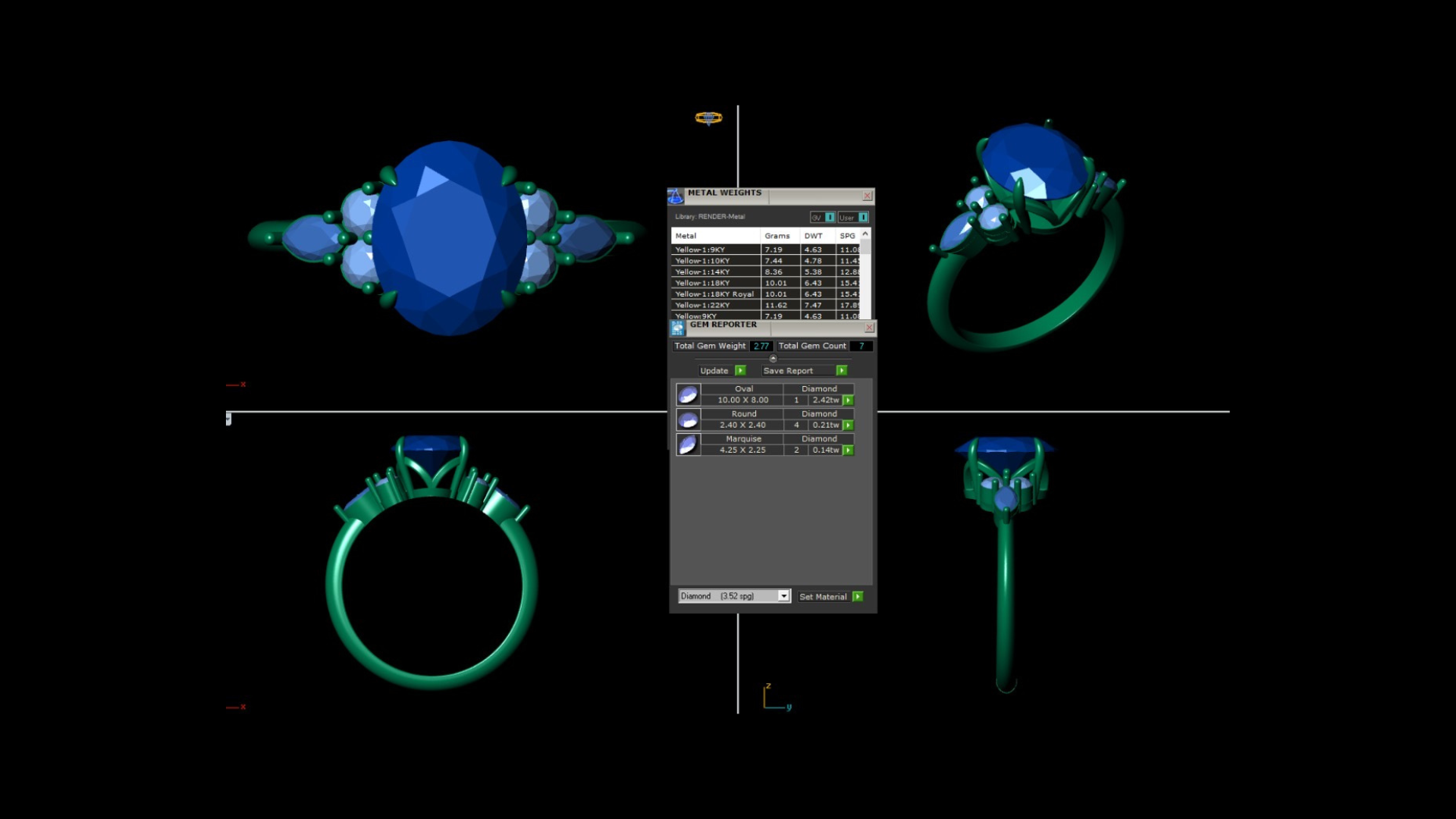A 3D rendering of a ring with a large oval center stone and smaller accent stones, shown from multiple angles on a black background with a central software interface panel.