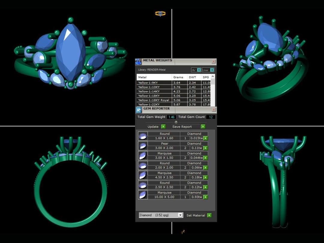 An image showing the digital rendering of a custom engagement ring with matching band