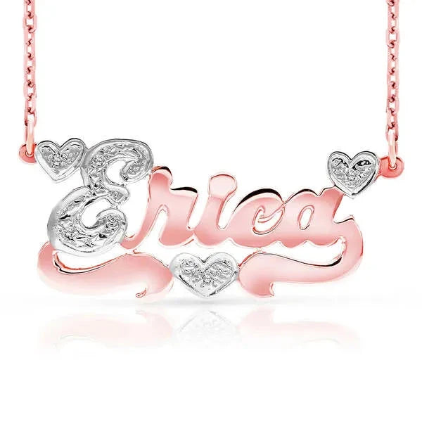 14 Karat Polished and Diamond Cut 3D Name Necklace with Three Hearts