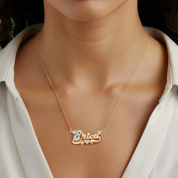 14 Karat Polished and Diamond Cut 3D Name Necklace with Three Hearts
