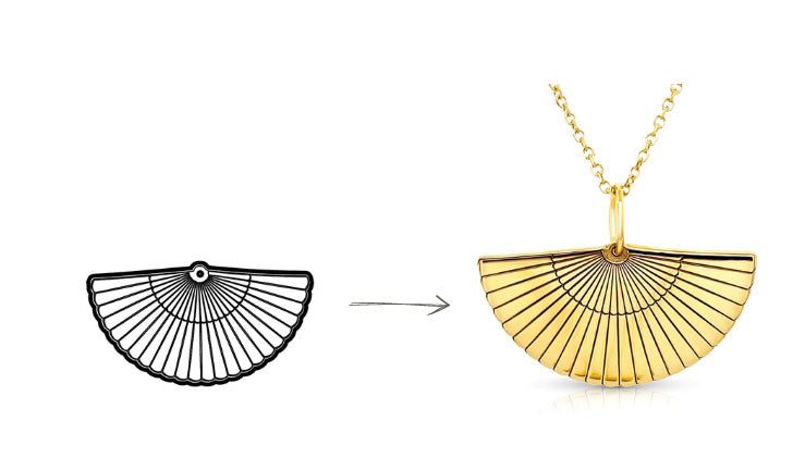 Spanish fan pendant, from design drawing to finished 14 karat gold pendant
