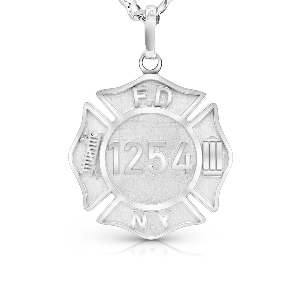 Completed sterling silver FDNY fire shield pendant engraved with a badge number, laser-cut and hand-finished by AJ's Jewelry in Ridgewood Queens NY