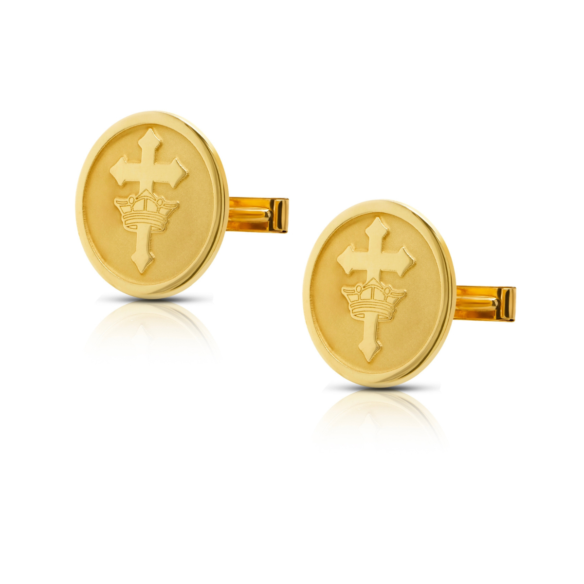 Pair of custom gold plated St. Helen's Catholic Academy logo cufflinks made as a retirement gift by AJ's Jewelry