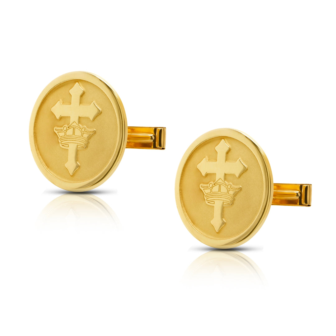 Front view of the gold plated St. Helen's Catholic Academy logo cufflinks showing the laser engraved cross and crown emblem and the welded toggle backs
