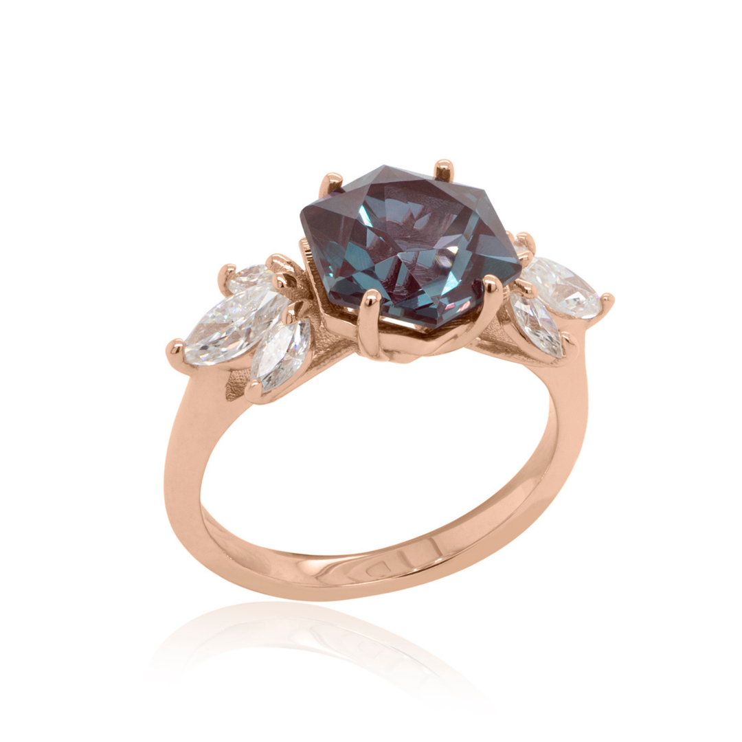 Finished 14kt rose gold lab grown alexandrite hexagon engagement ring, angled view — AJ's Jewelry Queens NY