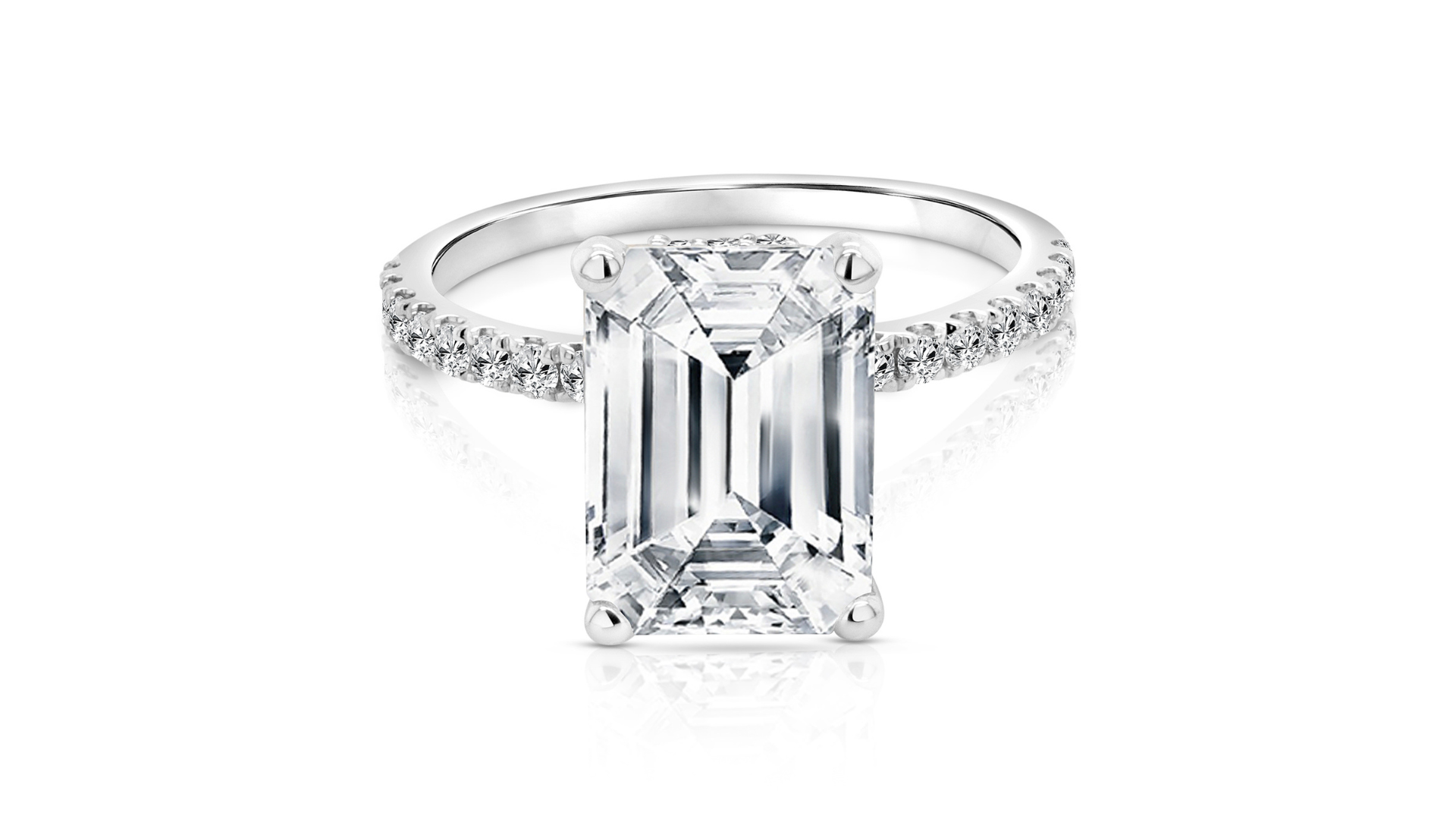 3ct emerald shape hidden halo lab grown diamond engagement ring — front view, 14 karat white gold, AJ's Jewelry Ridgewood Queens NY