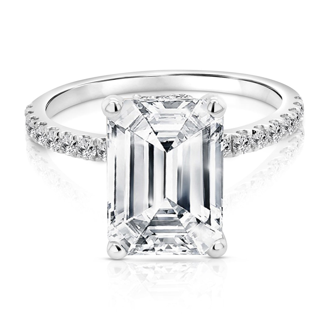 3ct emerald shape hidden halo lab grown diamond engagement ring — front view, 14 karat white gold, AJ's Jewelry Ridgewood Queens NY