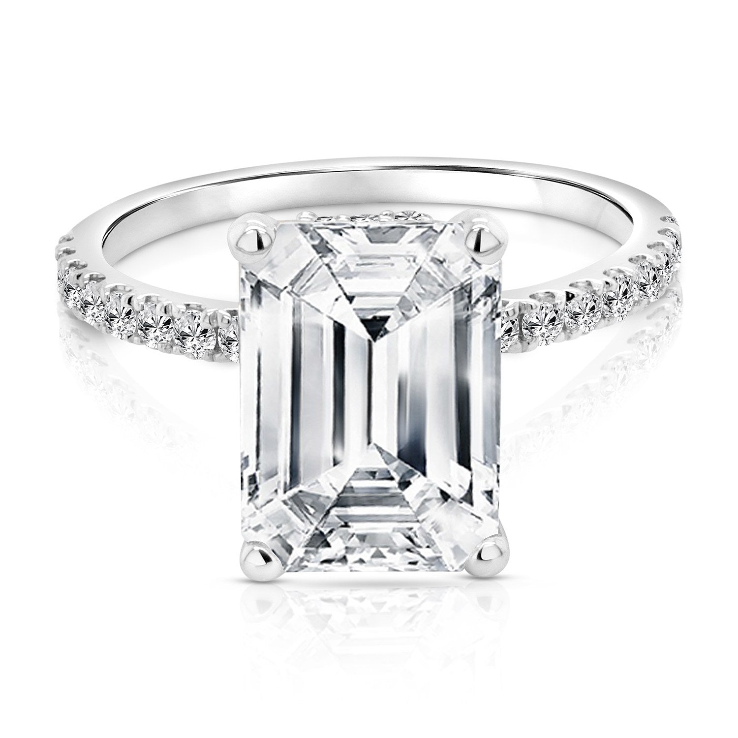 3ct emerald shape hidden halo lab grown diamond engagement ring — front view, 14 karat white gold, AJ's Jewelry Ridgewood Queens NY
