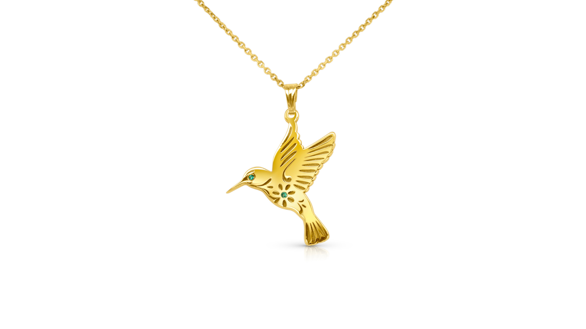 14 karat yellow gold hummingbird pendant with emerald stones banner — AJ's Jewelry Ridgewood Queens NY