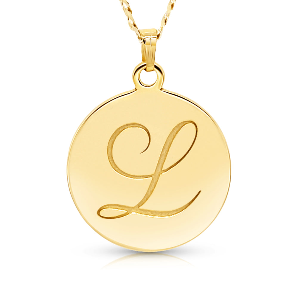 Completed 14kt yellow gold personalized initial disc pendant engraved with a first initial, laser-cut and hand-finished by AJ's Jewelry in Ridgewood Queens NY