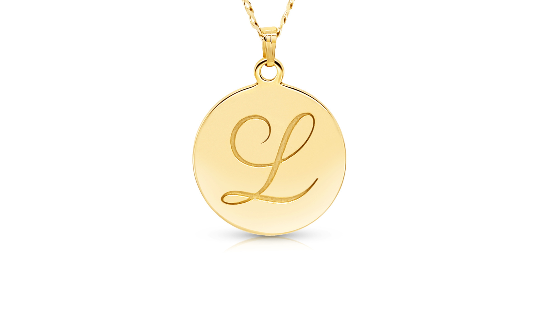 14 karat yellow gold personalized initial disc pendant custom jewelry banner — AJ's Jewelry Ridgewood Queens NY