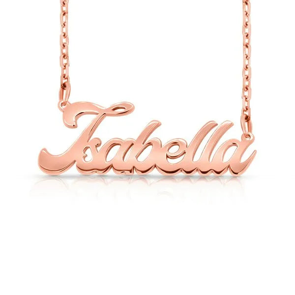 Rose gold "Isabella" nameplate necklace on a white background.