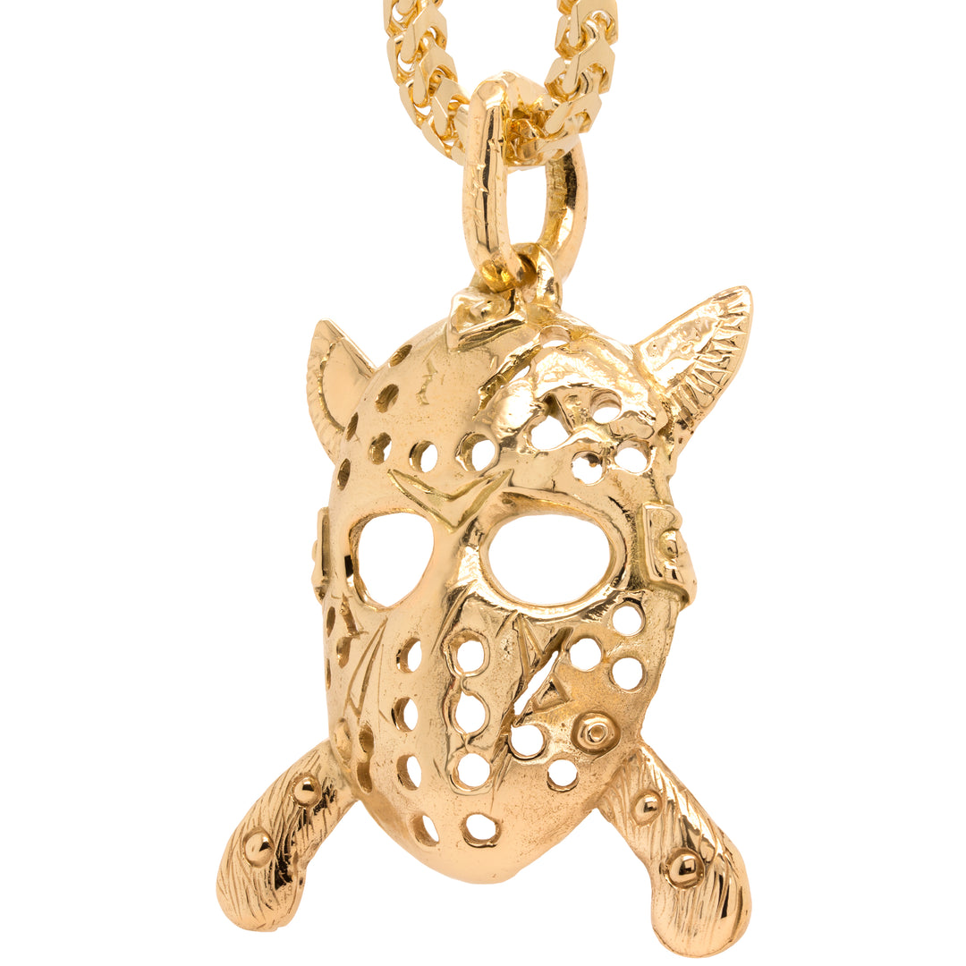 Completed 14kt yellow gold Jason hockey mask pendant angled view hand-carved and cast by AJ's Jewelry in Ridgewood Queens NY
