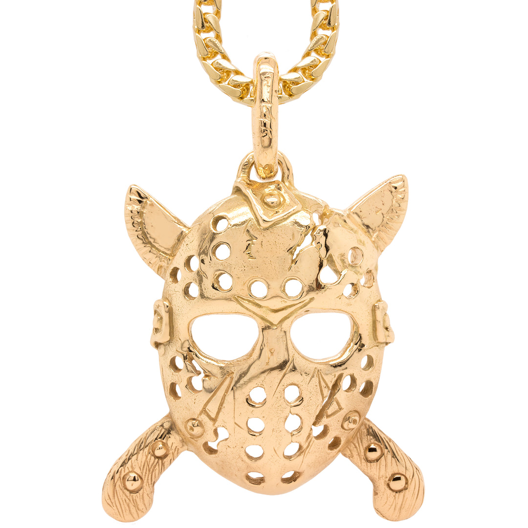 14kt yellow gold Jason hockey mask pendant front view fresh from casting at AJ's Jewelry Queens NY