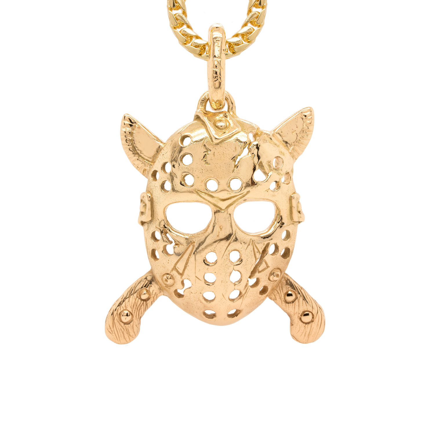 14 karat yellow gold Jason hockey mask pendant custom wax carved jewelry mobile banner — AJ's Jewelry Ridgewood Queens NY