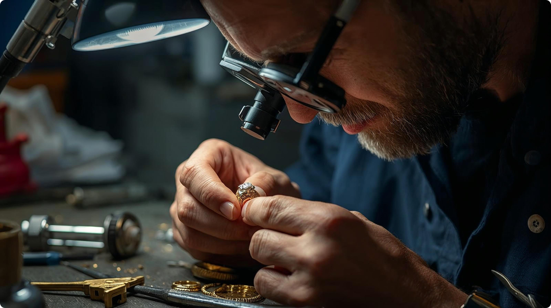A bench jeweler carefully inspecting  an engagement ring that was repaired.
