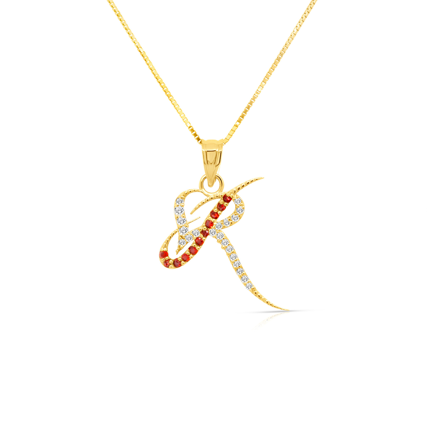 A image showing the final product of the 14K Initial Logo Pendant with Garnet & Natural Diamonds