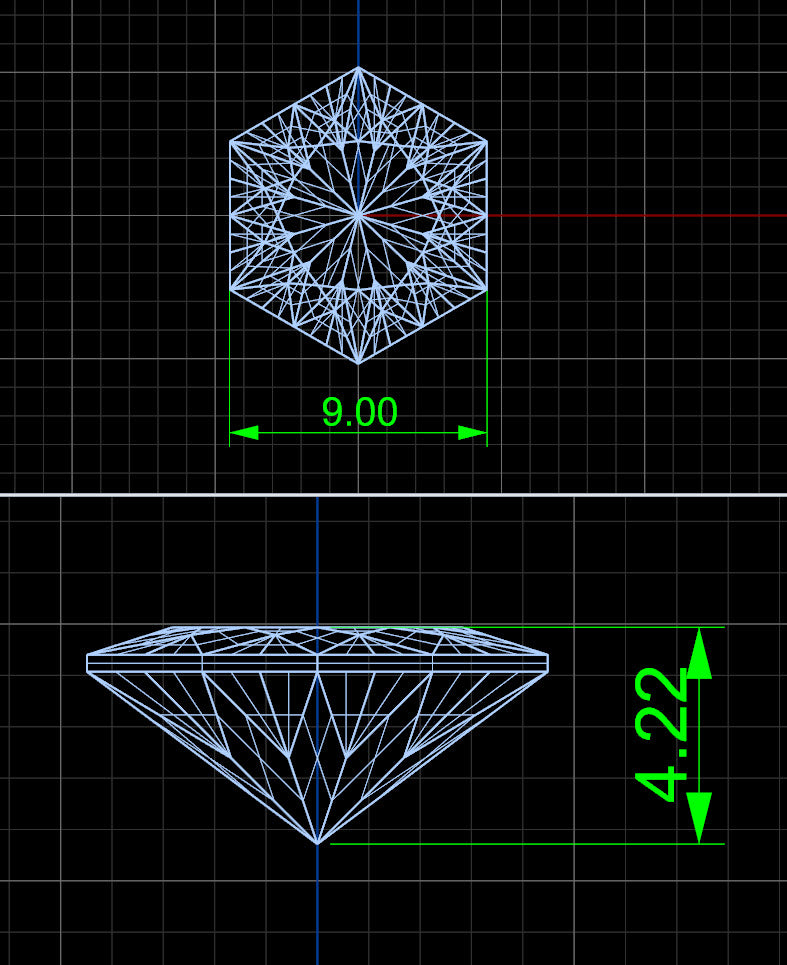 CAD cutting specifications for the hand-cut lab grown alexandrite hexagon center stone with dimensions — AJ's Jewelry Queens NY