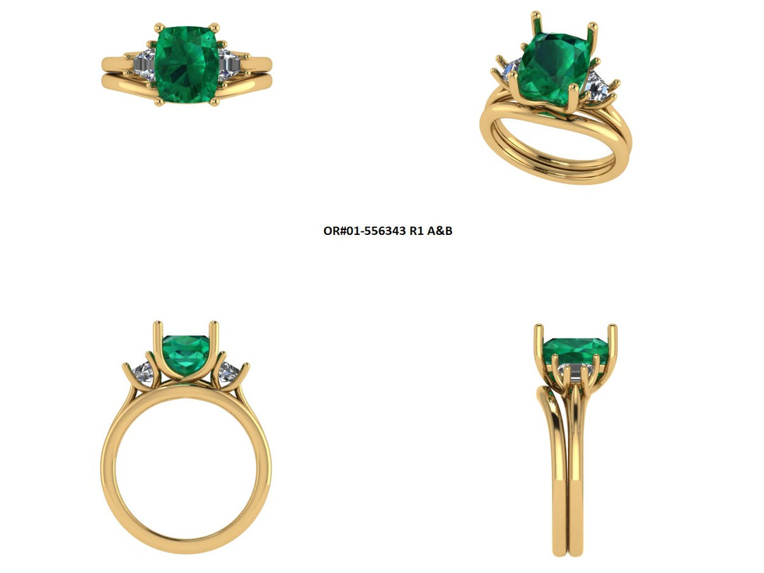 Full digital rendering of the complete lab grown emerald 3-stone ring and matching wedding band set — AJ's Jewelry Ridgewood Queens NY