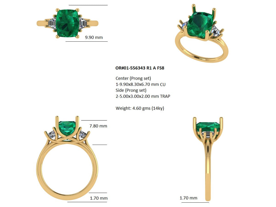 CAD design render and specifications for the lab grown emerald cushion 3-stone engagement ring — AJ's Jewelry custom jewelry Queens NY