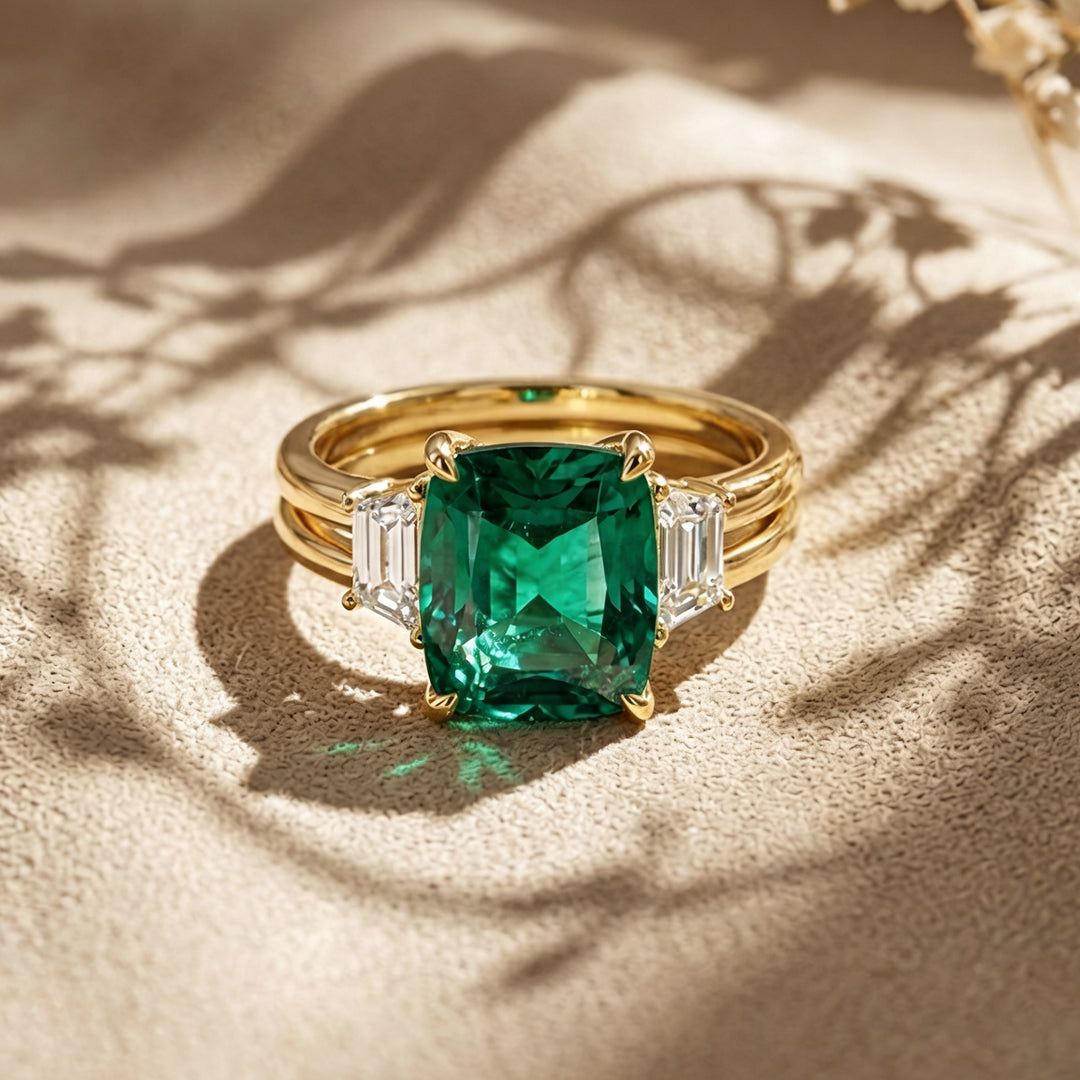 Custom 14KT yellow gold lab-grown emerald three-stone ring with matching band shown from the front on a styled display at AJ's Jewelry in Ridgewood, Queens NY