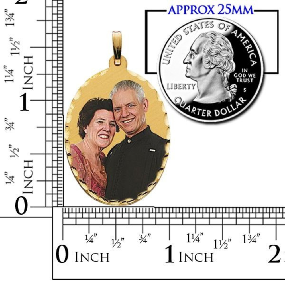 A personalized oval gold pendant with a photo of a couple, shown with a ruler indicating approximately 25mm (1 inch) size and a quarter dollar coin for scale.