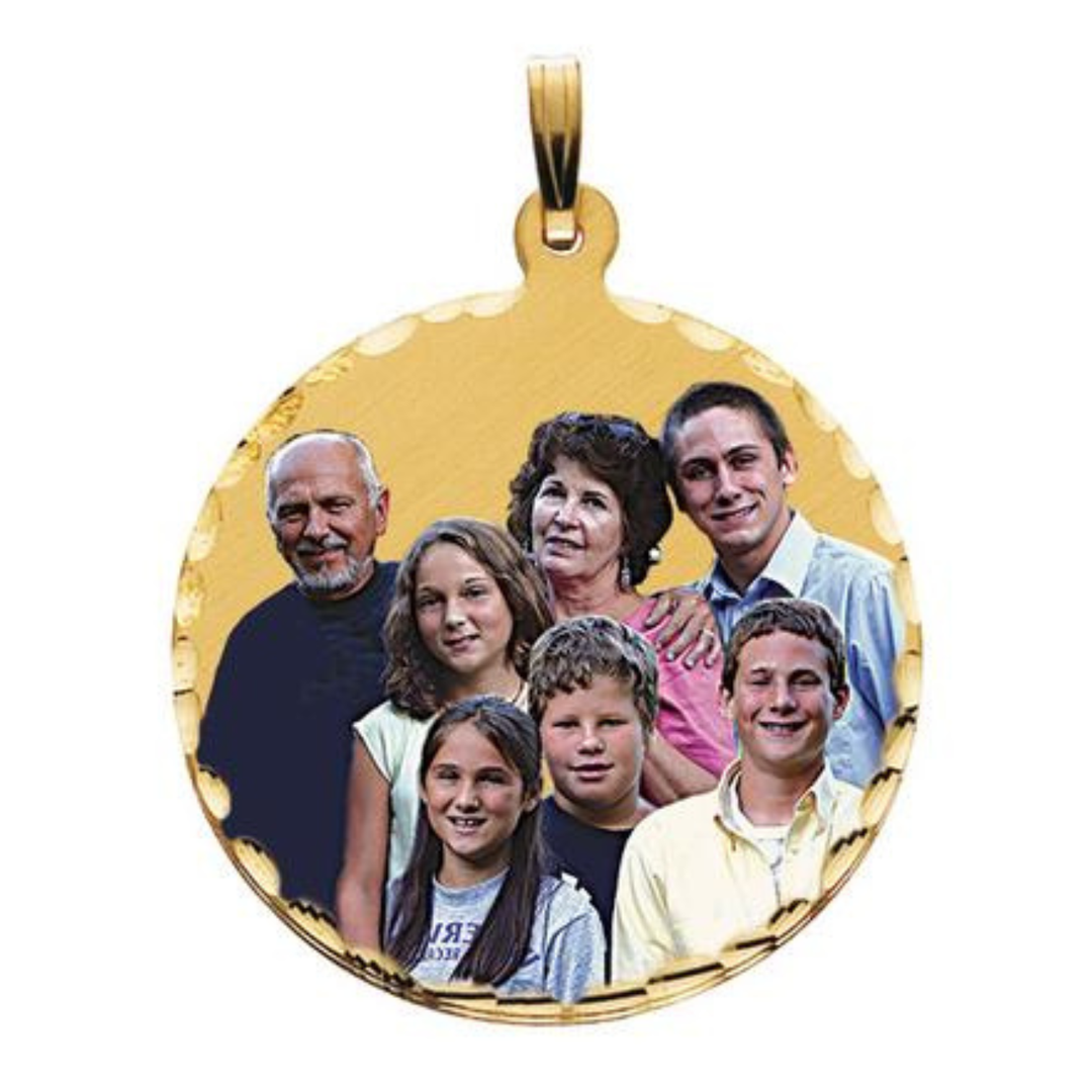 A round gold pendant with a family photo printed in the center, shown against a plain white background.