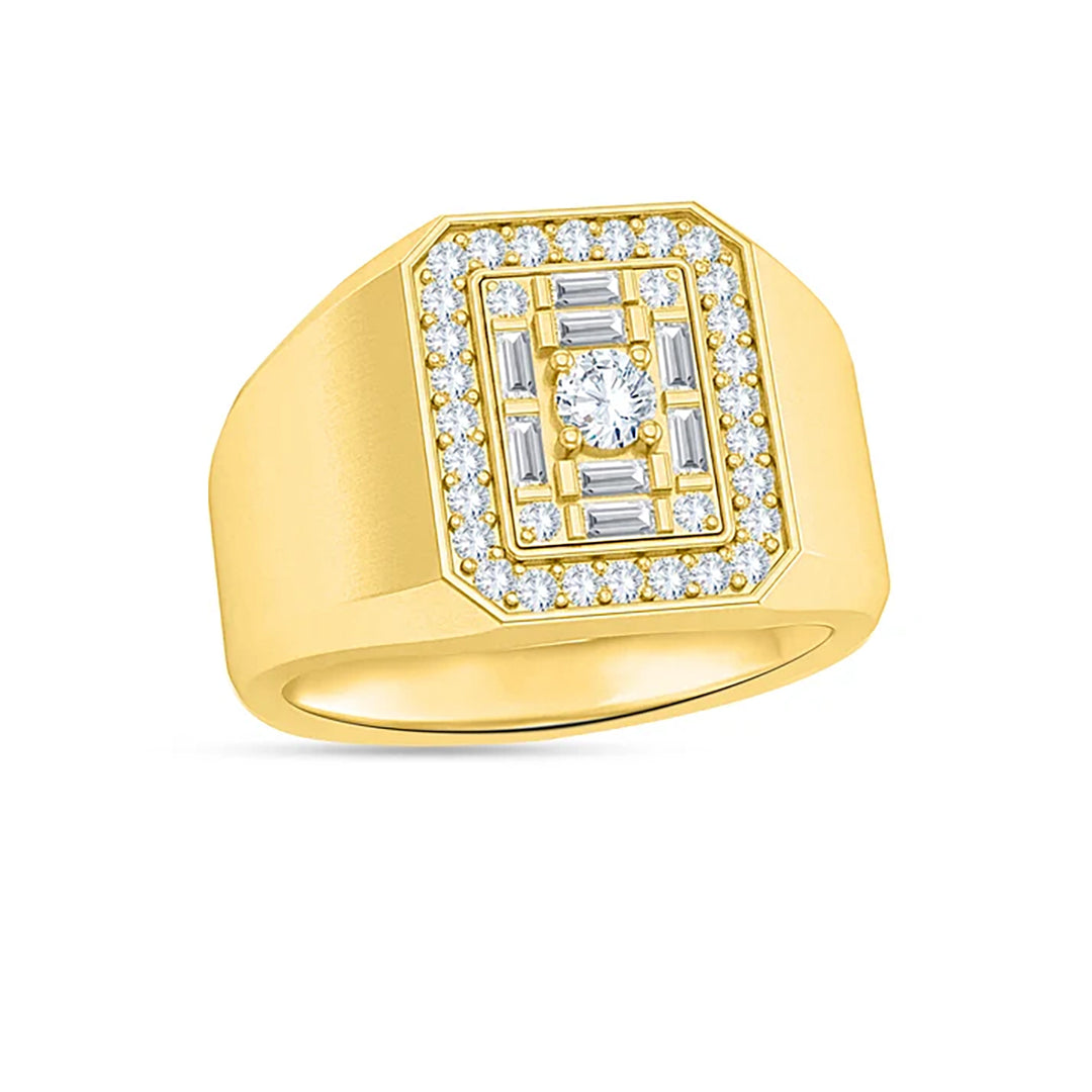 Men's 14K yellow gold signet ring with a round lab grown diamond center, baguette lab grown diamonds and a round diamond border