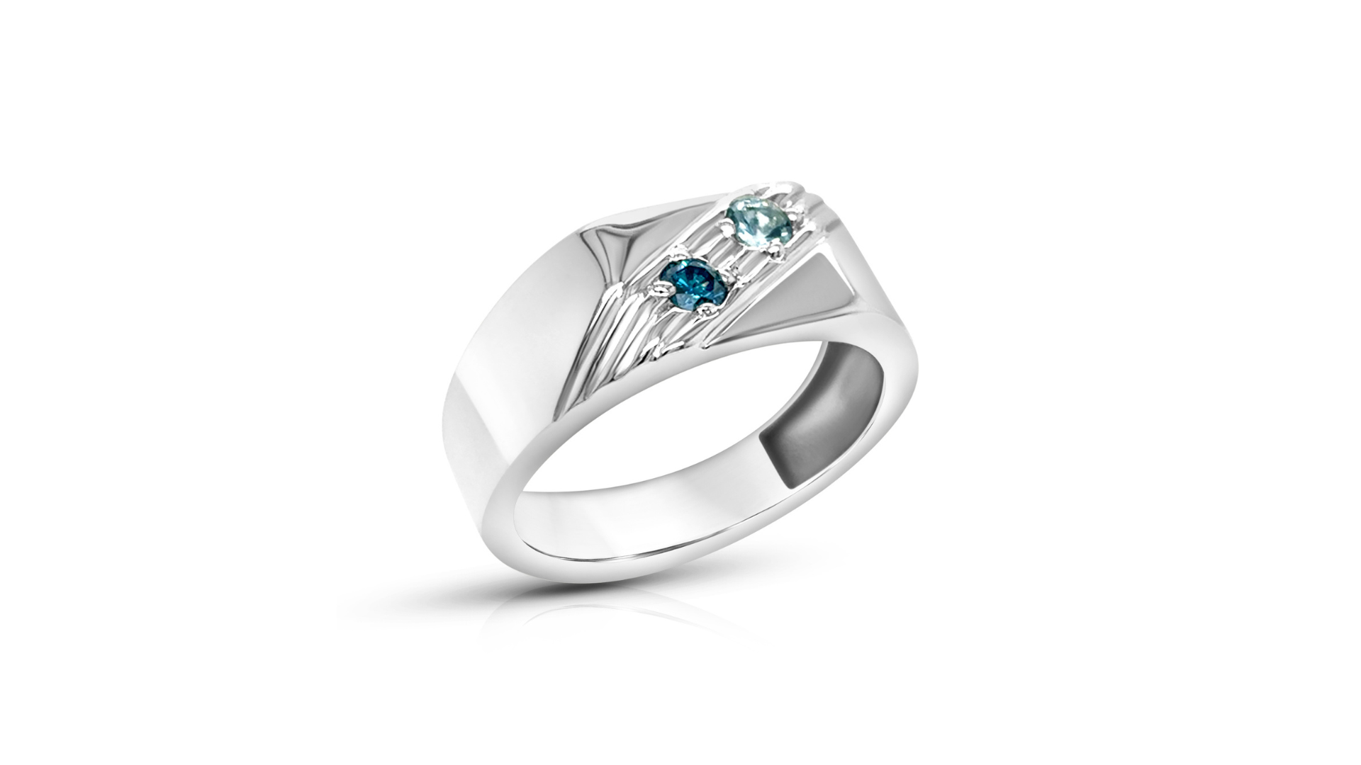 Silver ring with blue gemstones on a white background