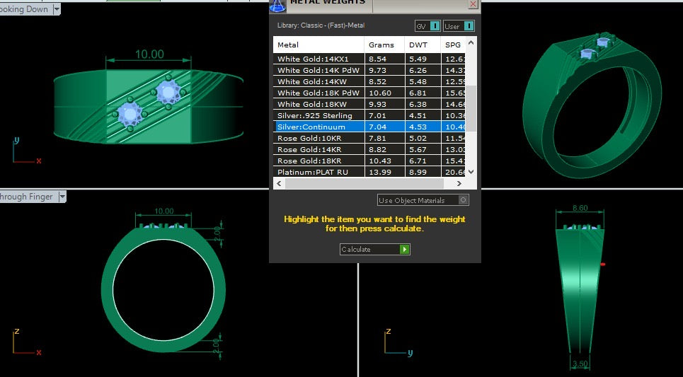A image Software interface for calculating metal weights with a green ring model and weight calculation tool.