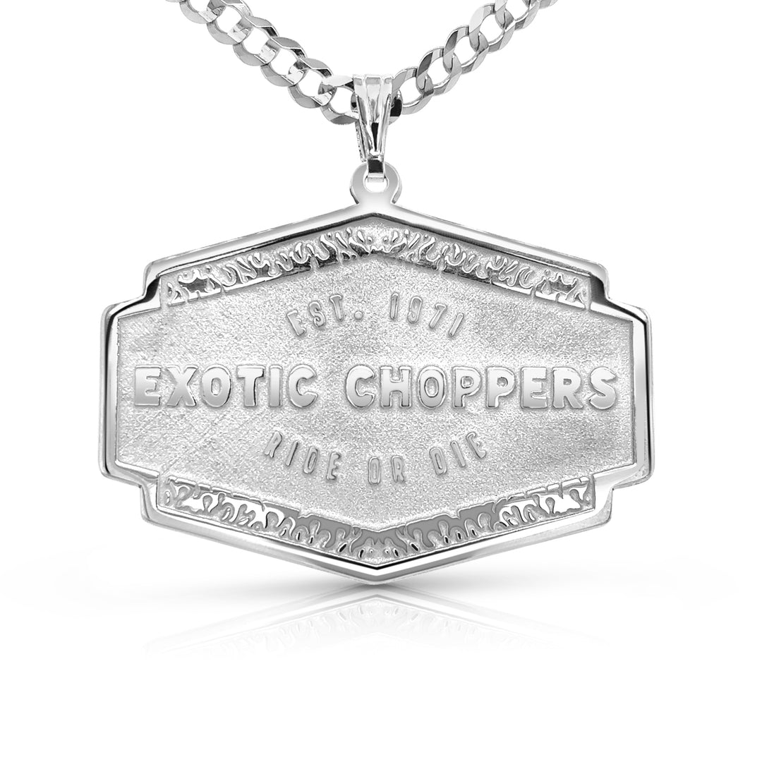 Completed sterling silver motorcycle club logo pendant laser-engraved and hand-finished by AJ's Jewelry in Ridgewood Queens NY