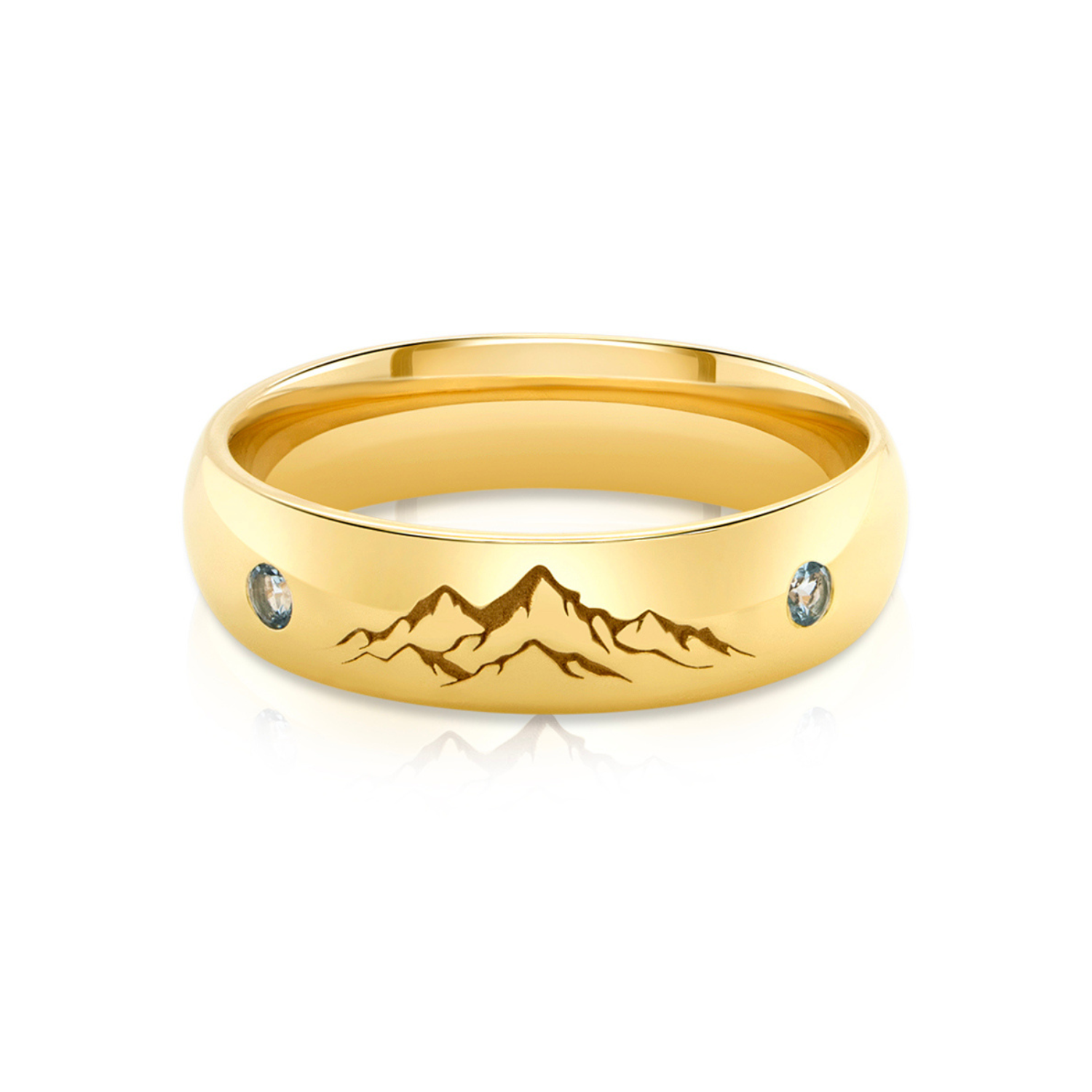 14kt yellow gold custom engraved Whiteface Mountain wedding band with natural aquamarines mobile banner — AJ's Jewelry Ridgewood Queens NY