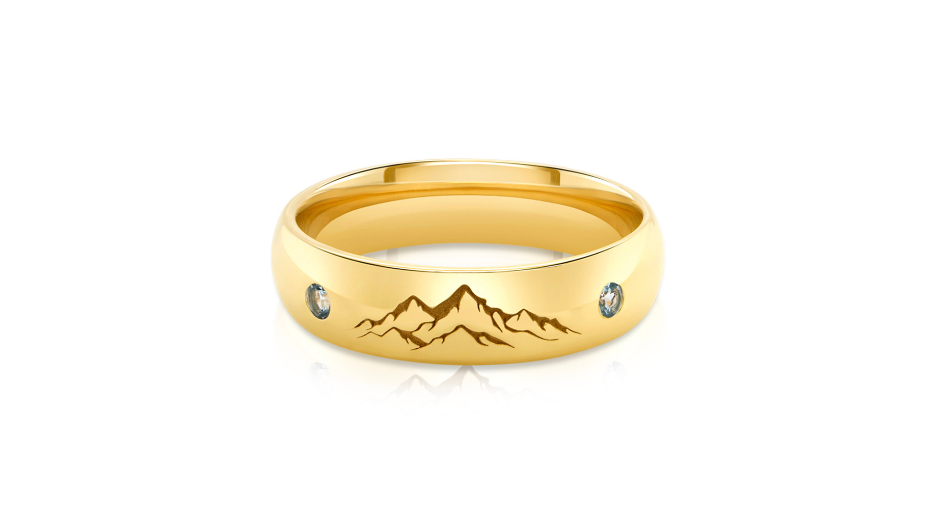 14kt yellow gold custom engraved Whiteface Mountain wedding band with natural aquamarines banner — AJ's Jewelry Ridgewood Queens NY
