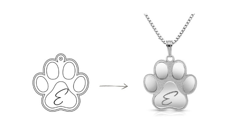 Paw print pendant with an initial, from design drawing to finished sterling silver pendant