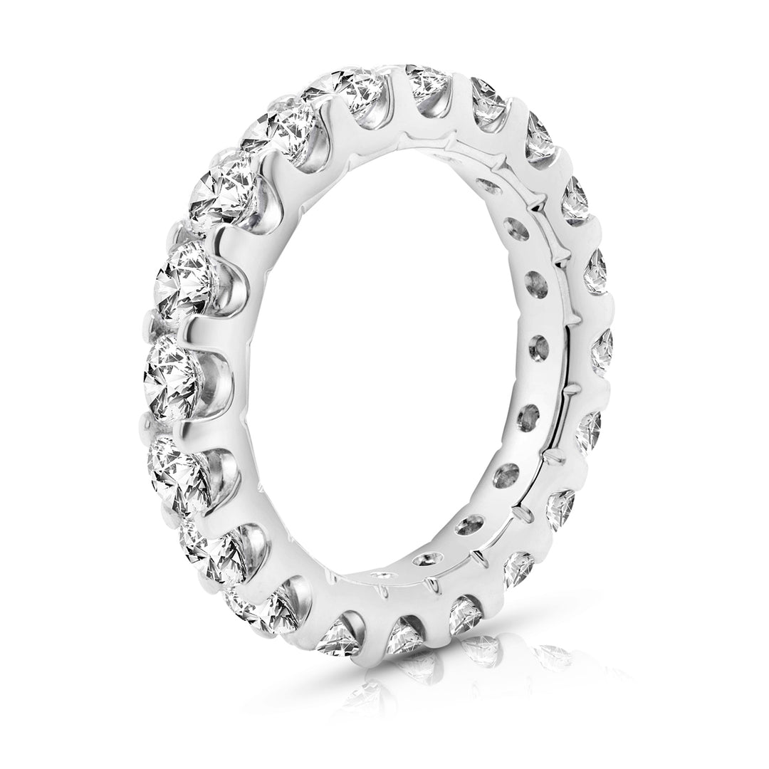 Platinum 3ct lab grown diamond eternity band, side profile showing the full circle of round diamonds