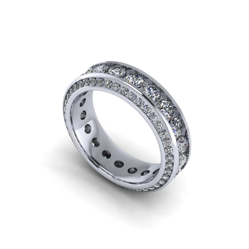 Digital rendering of the custom platinum natural diamond eternity band with beveled edges, angled view — AJ's Jewelry Queens NY