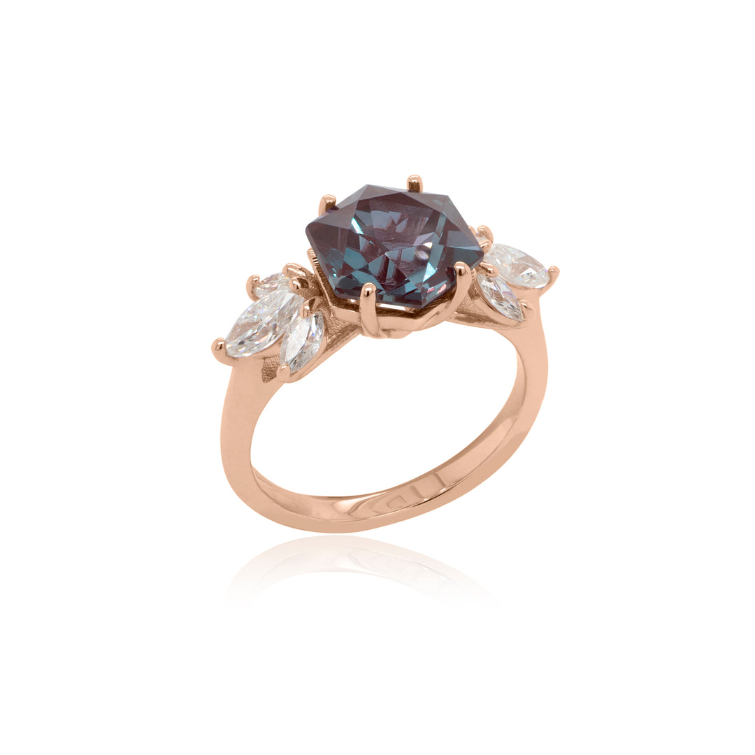 Finished 14kt rose gold lab grown alexandrite hexagon engagement ring, angled view — AJ's Jewelry Queens NY