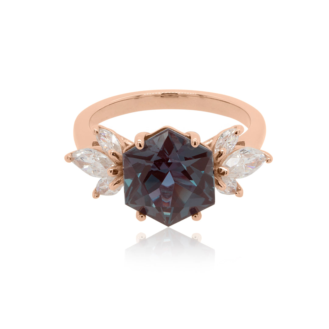 Finished 14kt rose gold lab grown alexandrite hexagon engagement ring, front view — AJ's Jewelry Queens NY